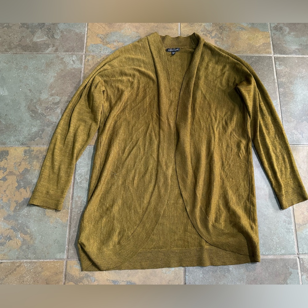 Eileen Fisher Bronze Green Lagenlook Wool Open Knit Cardigan Size Medium